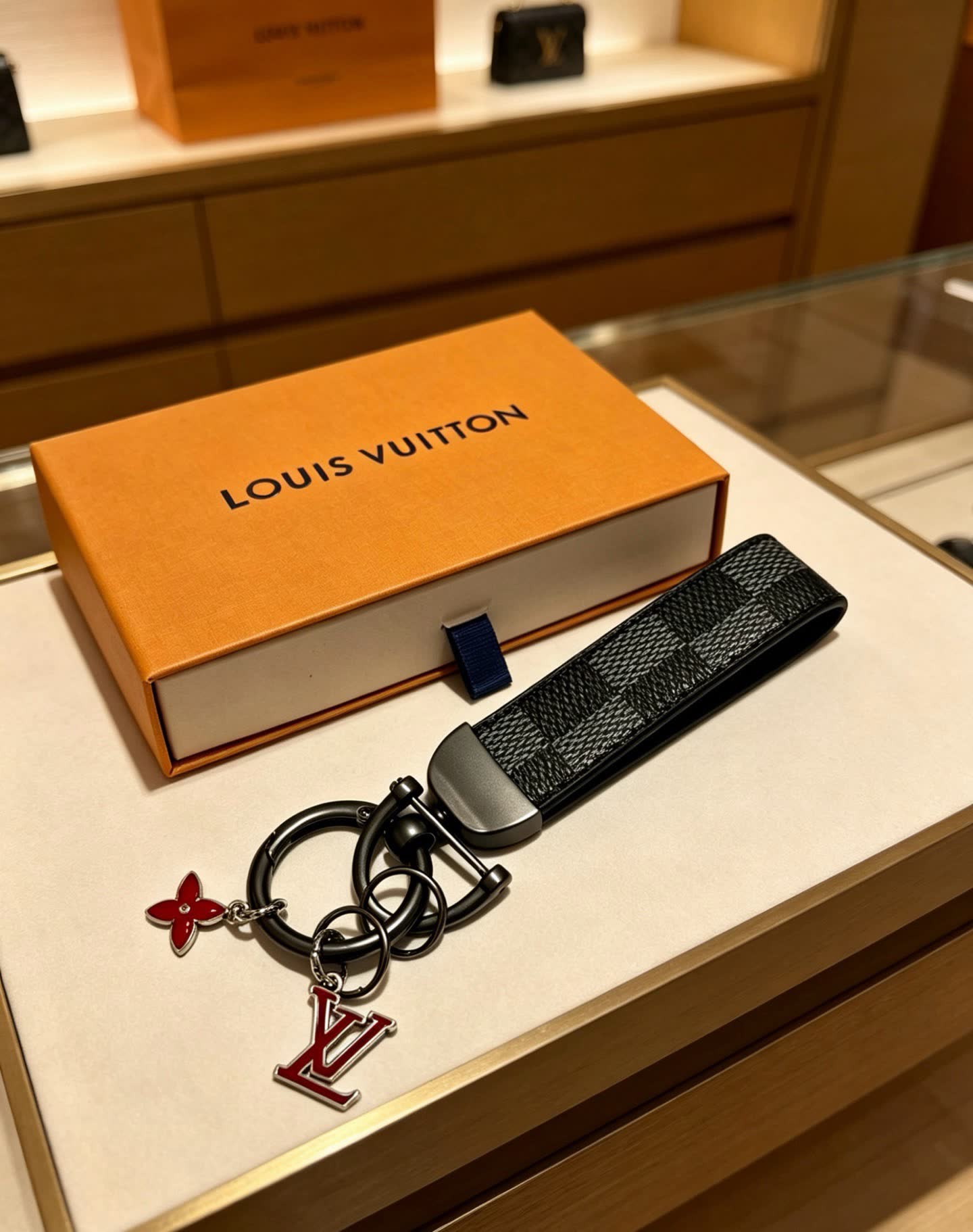 Louis Vuitton Keychain with Monogram Pattern and Logo Charm